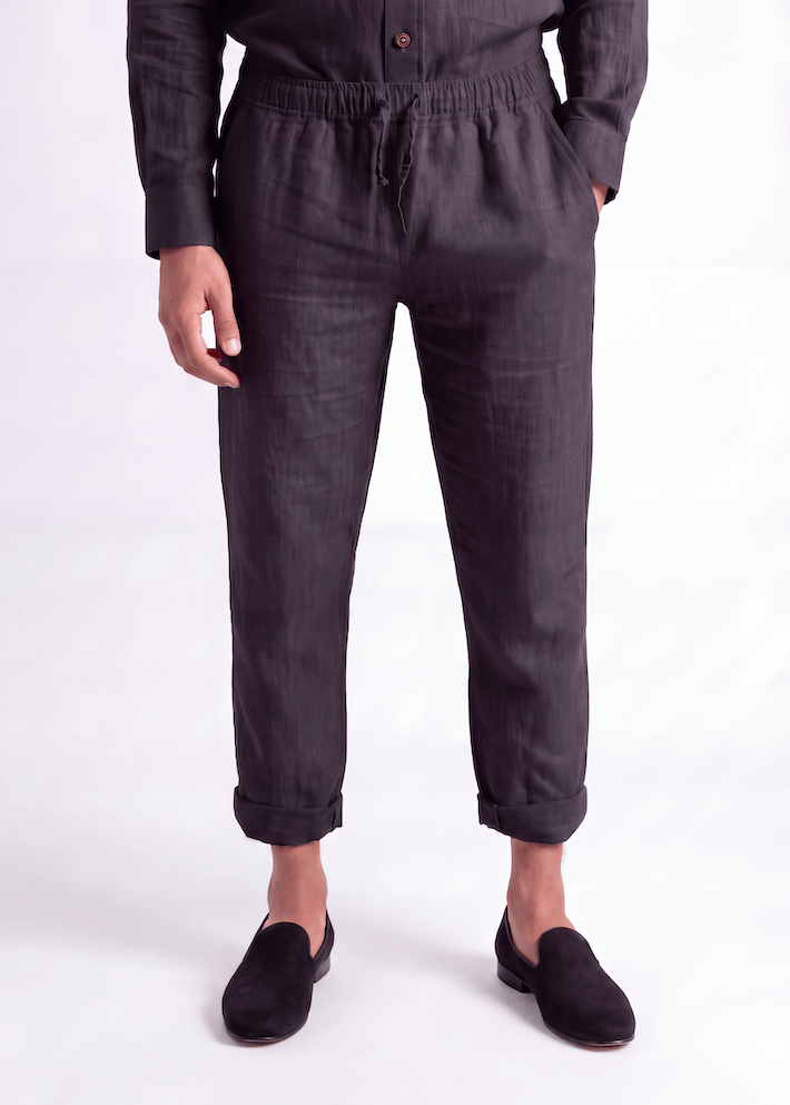 Black Pieter Petros casual linen trousers made of 100% Belgian linen with drawstring waist, handmade in Dubai