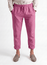 Roosewood Pink Pieter Petros casual linen trousers made of 100% Belgian linen with drawstring waist, handmade in Dubai