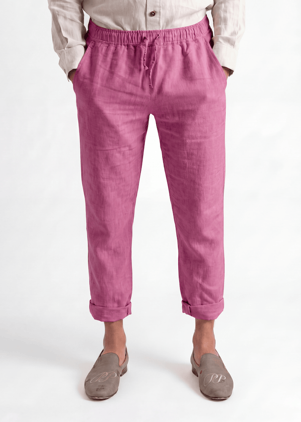 Roosewood Pink Pieter Petros casual linen trousers made of 100% Belgian linen with drawstring waist, handmade in Dubai