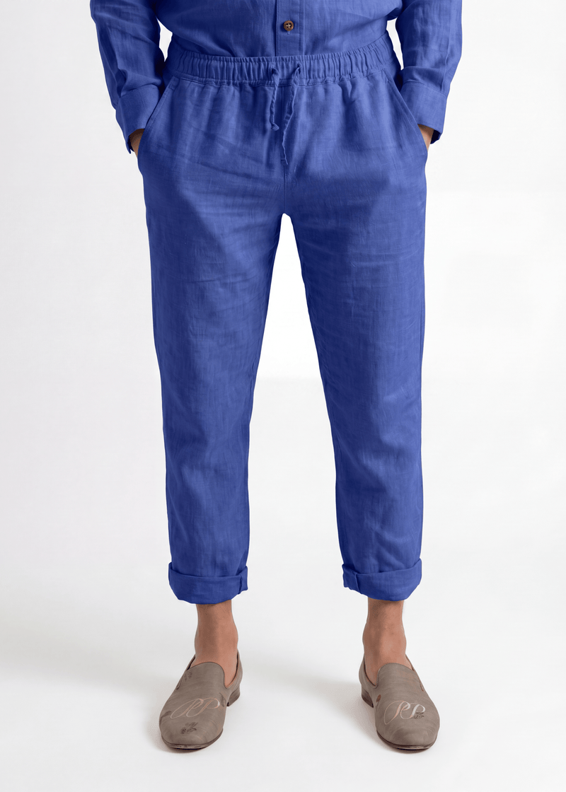 Sapphire Blue casual linen trousers by Pieter Petros in 100% Belgian linen, tapered leg with turn-up, handmade in Dubai