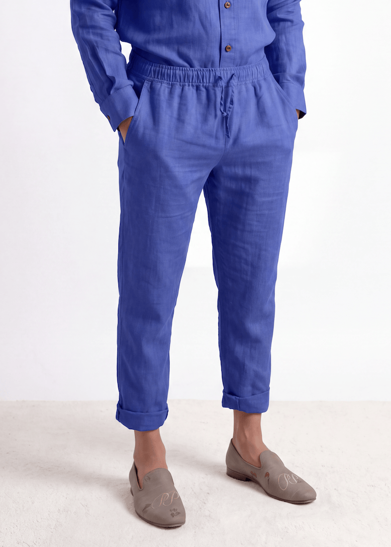 Sapphire Blue Pieter Petros casual linen trousers made of 100% Belgian linen with drawstring waist, handmade in Dubai