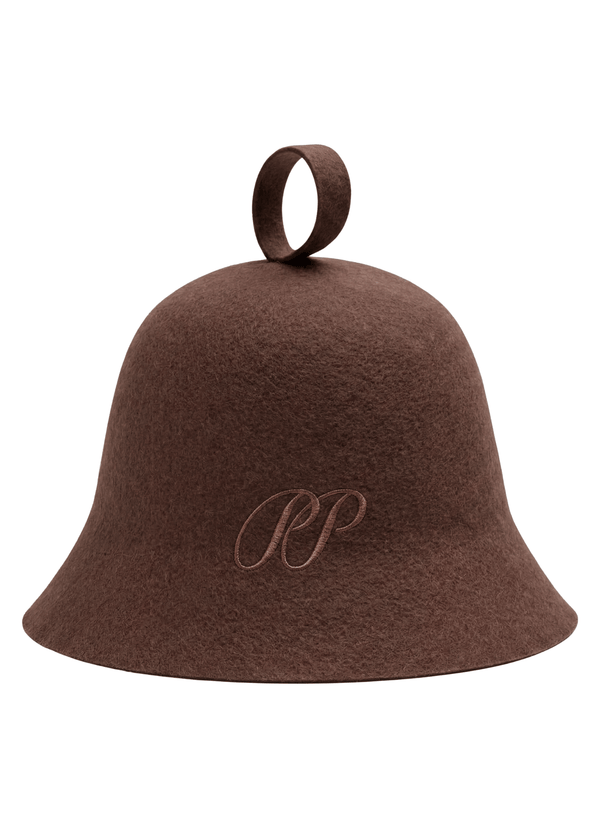 Luxury sauna hat in Mocha colour made of 100% certified natural wool felt with tonal PP monogram, handmade at the PP atelier by Pieter Petros