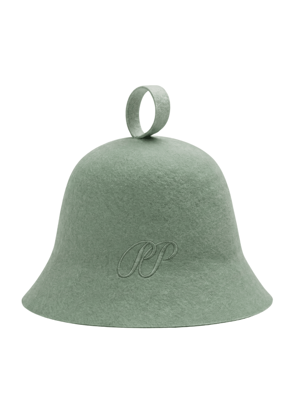 Luxury sauna hat in Olive colour made of 100% certified natural wool felt with tonal PP monogram, handmade at the PP atelier by Pieter Petros