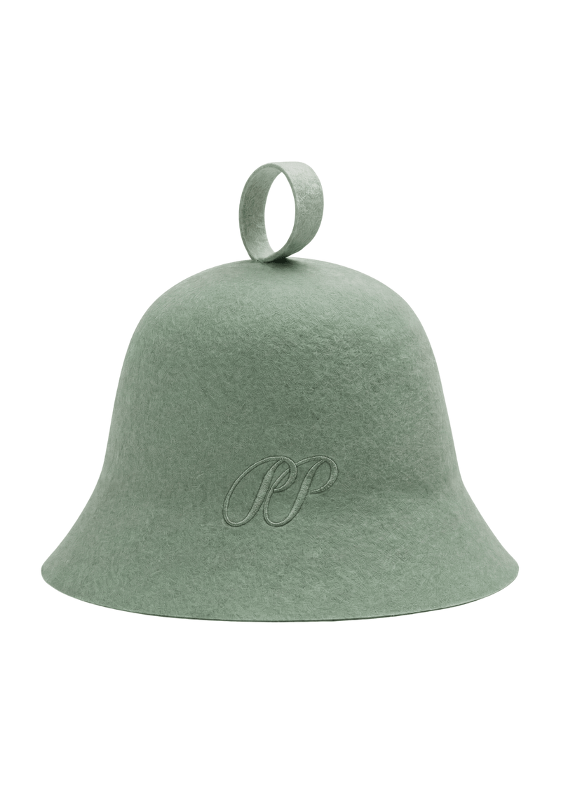 Luxury sauna hat in Olive colour made of 100% certified natural wool felt with tonal PP monogram, handmade at the PP atelier by Pieter Petros