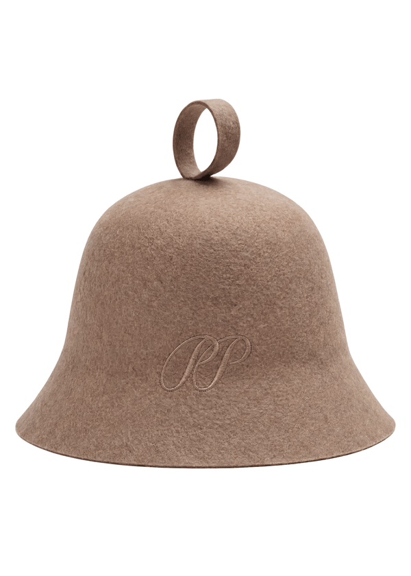 Luxury sauna hat in Sand colour made of 100% certified natural wool felt with tonal PP monogram, handmade at the PP atelier by Pieter Petros