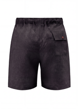Back view of Black Pieter Petros tennis shorts in 100% Belgian linen with walnut button pocket, handmade in Dubai