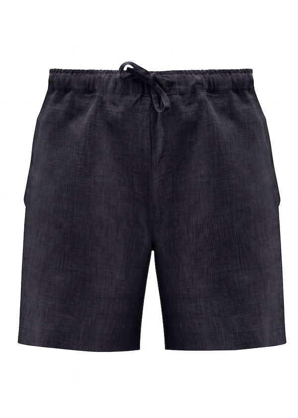 Black Pieter Petros tennis shorts made of 100% Belgian linen with drawstring waist, handmade in Dubai